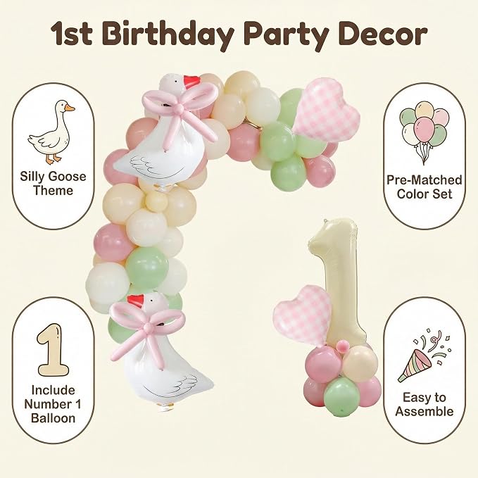 One Silly Goose 1st Birthday Balloon Arch Kit - Light Green, Soft Pink, Cream Macaron Balloon Garland with Goose Foil Balloons and 32" Cream Number 1 for Girls Boys First Birthday Party Decorations