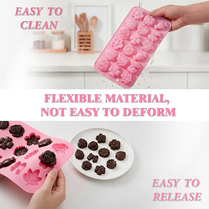 Flower Candy Molds Silicone 2PCS, KKDINDAN 9 Shapes Bite Size Chocolate Molds, Food Grade Spring Rose Daisy Flower Mold Bow Leaf Gummy Molds for Ice Jello Soap Cookie Dessert Melt
