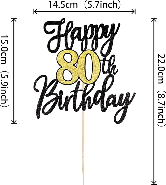 1 PCS Happy 80th Birthday Cake Topper Black Gold Glitter Cheers to 80 Years Birthday Cake Pick 80 Fabulous Cake Decoration for Happy 80th Birthday Anniversary Party Cake Decorations Supplies
