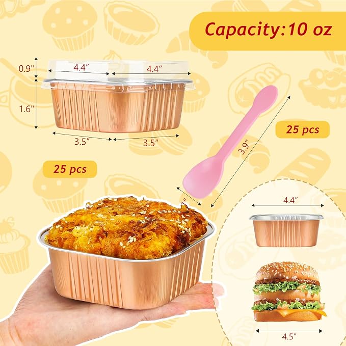 LNYZQUS Mini Cake Pans with Lids 25 Pack,10oz Small Foil Baking Cups Disposable Square Muffin Tins, Individual Cupcake Containers 4” Brownie Pan for Thanksgiving Baking Gifts-Champagne