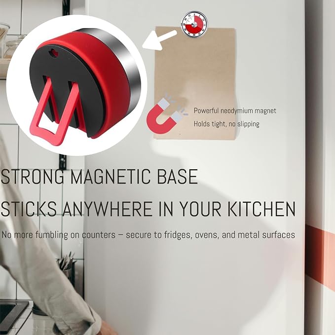Mechanical Kitchen Timer, 60 Minute Wind Up Magnetic Visual Cooking Timer with Loud Alarm, Stainless Steel No Batteries Countdown Timer for Classroom, Office, Teacher (Red Timer with Bracket)