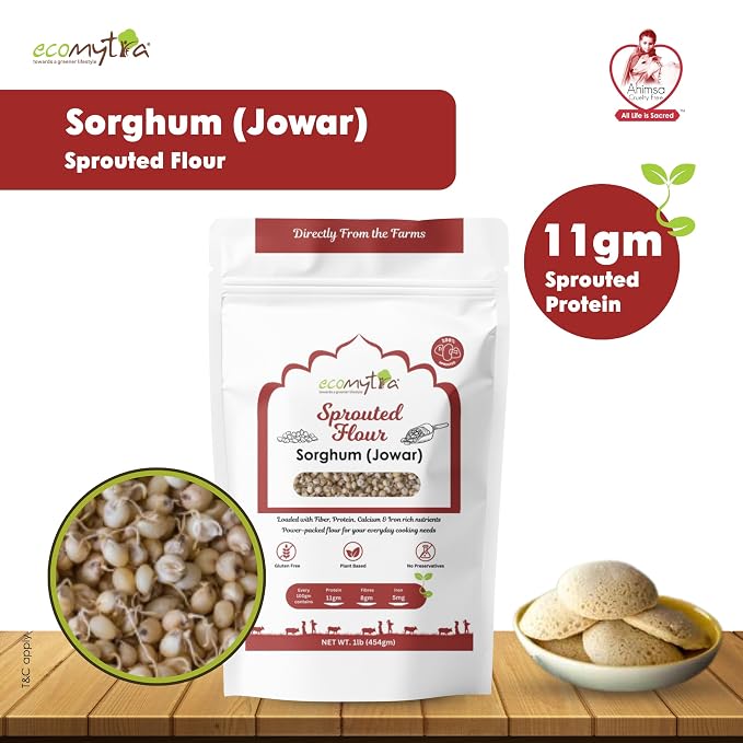Ecomytra Sprouted Sorghum Flour - Jowar, Gluten Free Ancient Grain 1lb | 100% sprouted jowar (great millet), gluten free ancient grain. High fiber, non-GMO. For roti, baking & porridge