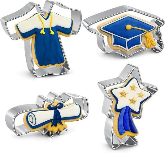 Graduation Cookie Cutters, 4Pcs Graduation Cap, Gown, Diploma, Shooting Star Shapes Metal Cookie Cutters, Stainless Steel Set Biscuit Sandwich Fondant Fruit Cutters for School Home Baking Kit Supplies