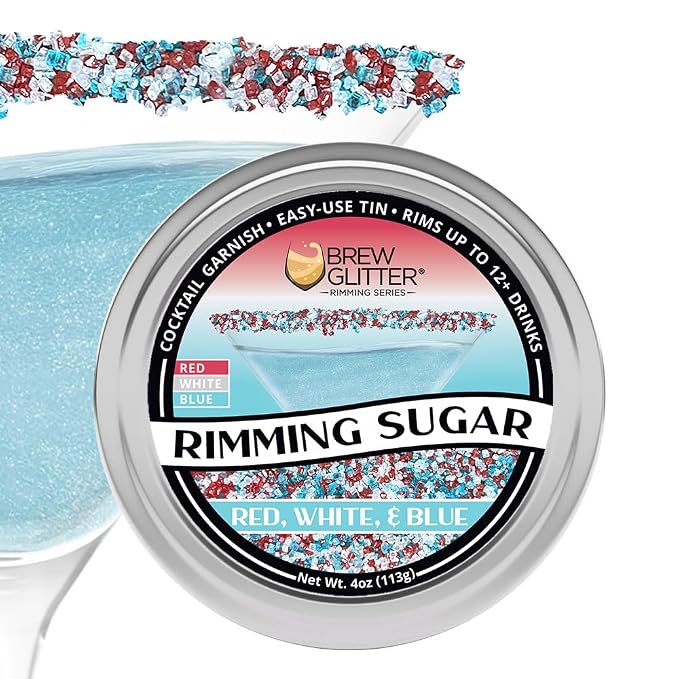 Brew Glitter Red, White & Blue Rimming Sugar (4oz, 1x Bar Tin) for Drinks, Cocktails, Beer, Garnish & Beverages for 4th of July, Indpendence Day, Memorial Day, Veterans Day, and America