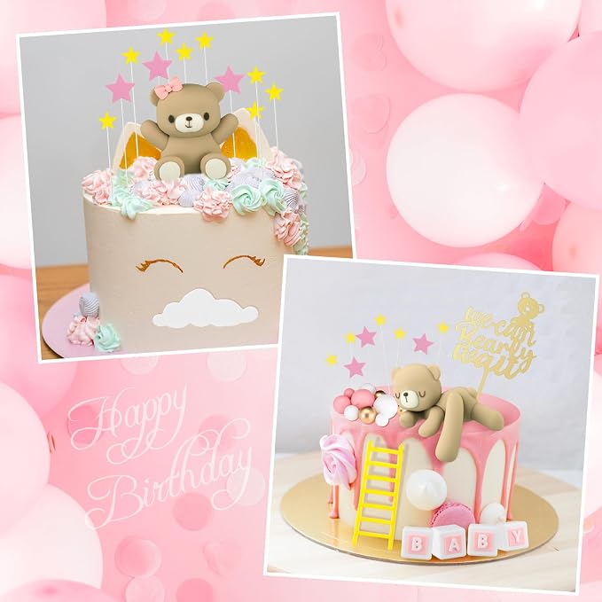 Yinder Bear Cake Toppers Mini Bear Cake Decorations Cake Toppers Gold White Pearl Ball for Birthday Party Decorations(Pink, Brown,Cute Style)