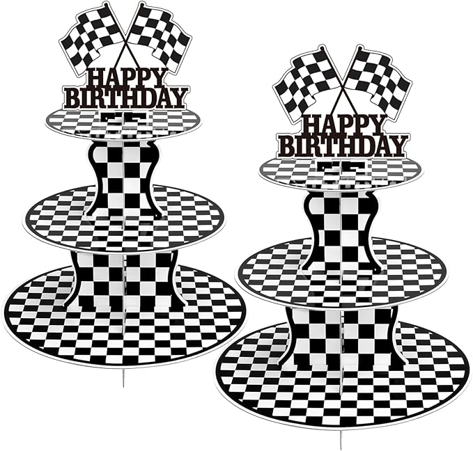 BACUTHY 2 Pack Race Car Cupcake Stands Birthday Party Supplies, Two Fast Cars Decorations Truck Theme Favors - 3 Tier Cardboard Cup Cake Holder Tower