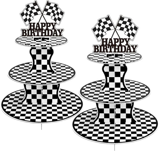BACUTHY 2 Pack Race Car Cupcake Stands Birthday Party Supplies, Two Fast Cars Decorations Truck Theme Favors - 3 Tier Cardboard Cup Cake Holder Tower