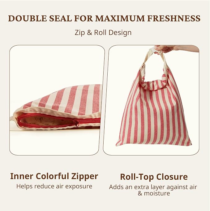 BRONYPRO Reusable Beeswax and Linen Bread Bags with Zipper, 2-Pack Waxed Bread Bags for Homemade Bread & Sourdough, Sustainable Loaf Storage to Lock in Freshness, Large 17x12.6in, Red Stripe