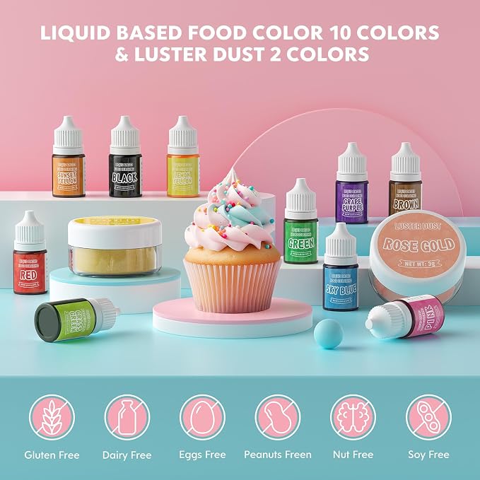 Luster Dust 2 Color & Food Dye Coloring 10 Color Set, Edible Food Coloring Liquid and Shimmer Cake Dust Metallic Food Coloring Powder Glitter for Cake Decorating Baking Fondant Gumpaste Drinks Cookie