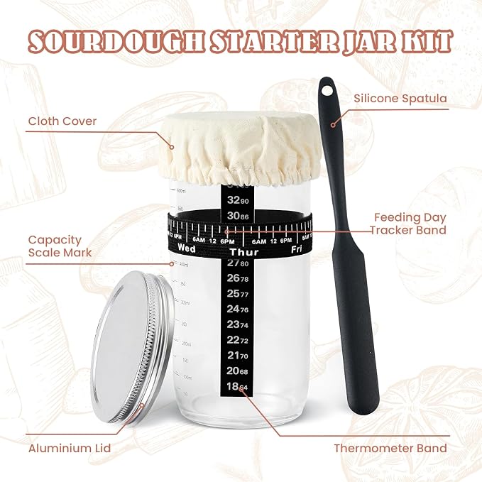 Sourdough Starter Kit 16 PCS, 11" & 9" Cotton Bread Proofing Basket Kit, 24oz Sourdough Starter Jar, Banneton Bread Proofing Baskets Set Include Oven Thermometer, Baking Supplies and Making Tools Set