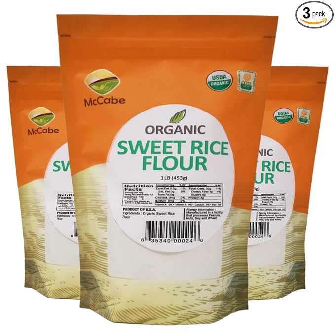 McCabe Organic Sweet Rice Flour - Gluten Free Organic Glutinous Rice Flour | Sweet Rice Flour for Baking | Rich in Fibers and Minerals | USDA and CCOF Certified Organic | Product of USA | 1Lbs Pack of 3