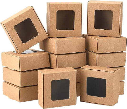 BENECREAT 28 Packs Kraft Paper Box with Clear Windows, 3.4x3.4x1.4Inches Paper Gift Box for Party Favor Treats Bakery, Festival Gift Packaging