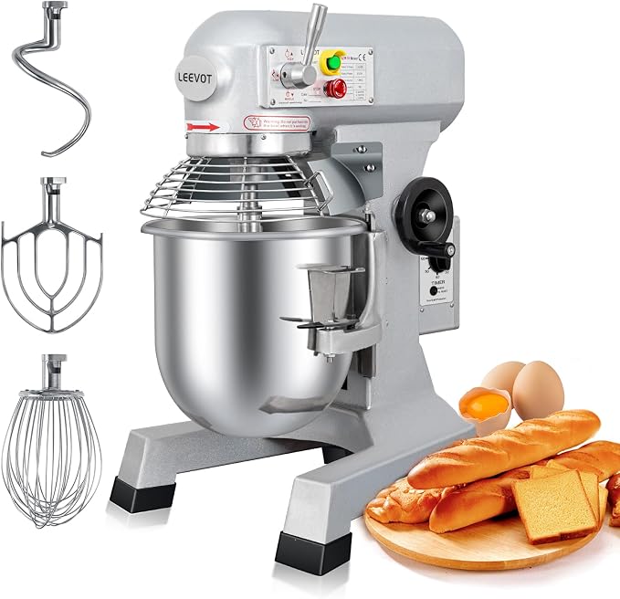 Commercial Food Mixer 10Qt. It can be set to run for 60 minutes at a time,500W Dough Mixer with Stainless Steel Bowl Dough Hooks Whisk Beater, With Safety Guard for Bakeries Restaurants Pizzerias