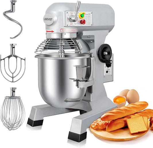 Commercial Food Mixer 10Qt. It can be set to run for 60 minutes at a time,500W Dough Mixer with Stainless Steel Bowl Dough Hooks Whisk Beater, With Safety Guard for Bakeries Restaurants Pizzerias