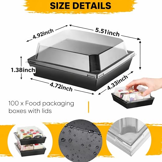 100 Pack Charcuterie Boxes with Clear Lids Valentine Gift 5 Inch Cookie Boxes Disposable Cake Case Paper Square Cookie Containers Dessert for Sandwich Slice Cake Hot Cocoa Bombs Strawberries(Black)