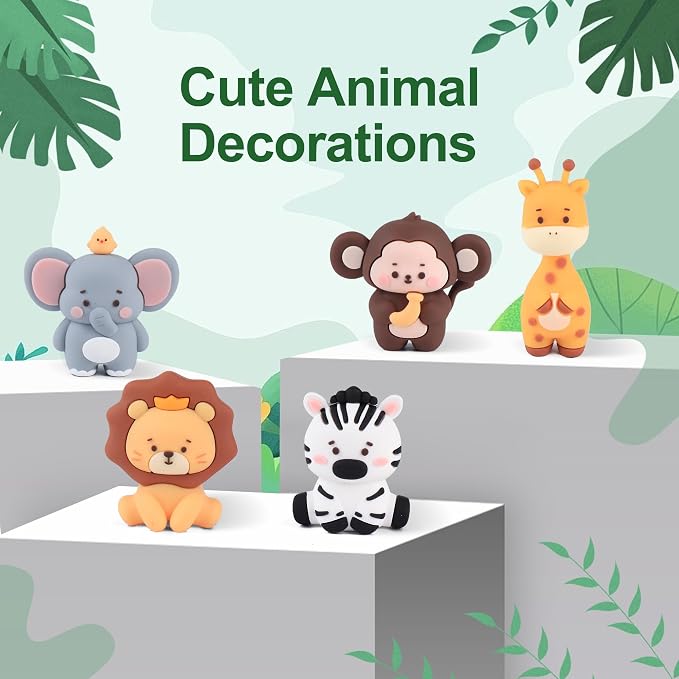 27PCS Safari Animal Cake Topper, Plam Leaves Balls Cake Decorations Birthday Cake for Wild Theme Birthday Decorations Supplies