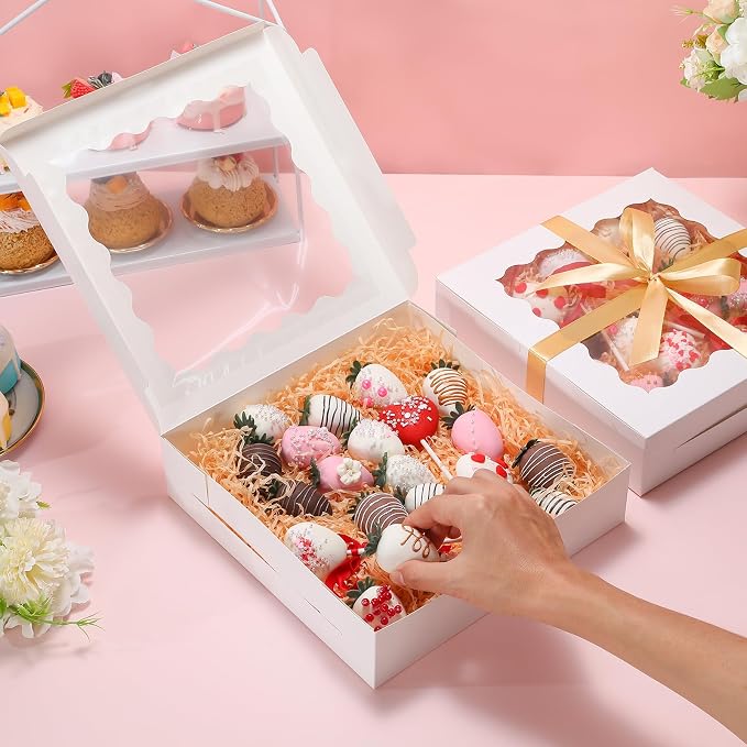 36 Pack Pie Boxes with Ribbon and Sticks, 10x10x2.5 Inches Cookie Boxes with Window for Cake, Treats, Pastries, Chocolate Covered Strawberries