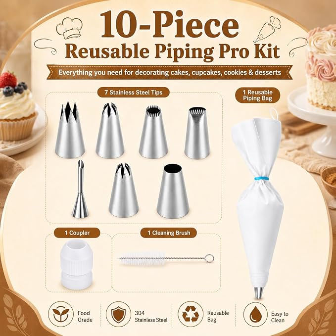 10-Piece Reusable Piping Bags and Tips Set-Cotton Baking Kit with Coupler,16inch Pastry Bags,Stainless Steel Nozzles & Cleaner for Cakes/Cupcakes/Cookies Decorating (10 Pcs)