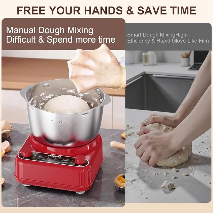 Electric Dough Maker with Ferment Function, 6.5QT Stand Dough Mixer, Dough Kneading Machine with 304 Stainless Steel Bowl, Removable Lid & Knob Control, Ideal for Bread, Pizza, Pasta - Empire Red