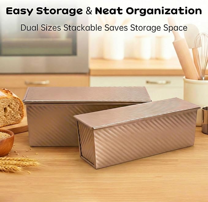 2 Pack Pullman Loaf Pan with Lid - 2.2LB Non-Stick Bread Pan, Carbon Steel Square Toast Mold with Silicone Spatula & Oil Brush, Baking Kit for Homemade Sandwich & Sourdough, Housewarming Gifts