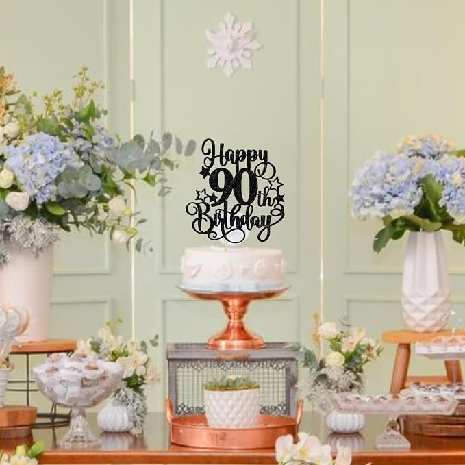 1 PCS Happy 90th Birthday Cake Topper Glitter Cheers to 90 Years Birthday Cake Pick Hello 90 Fabulous Cake Decoration for Happy 90th Birthday Anniversary Party Decorations Supplies Black