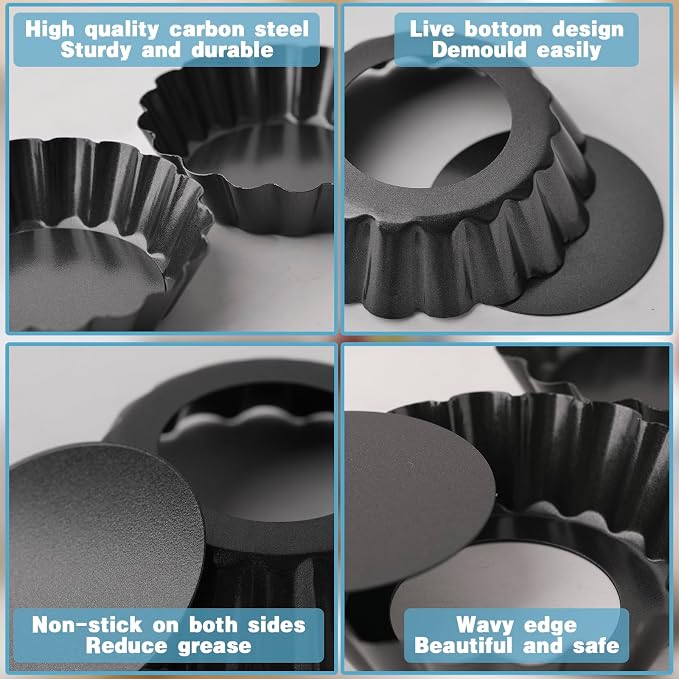32 Pack Mini Tart Pans 3 Inch, Nonstick Carbon Steel Tartlet Pans with Removable Bottom, Fluted Egg Tart Molds for Quiche, Fruit Tarts, Mini Pies and Cheesecakes, Black