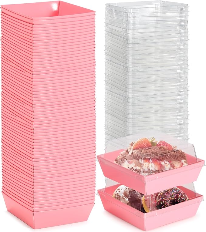 100 Pack Mini Charcuterie Boxes with Clear Lids, 4.5x4.5 Inches Pink Dessert Boxes Square Disposable Bakery Boxes to Go Containers for Daughter, Wedding Party, Valentine, Donuts & Cookies