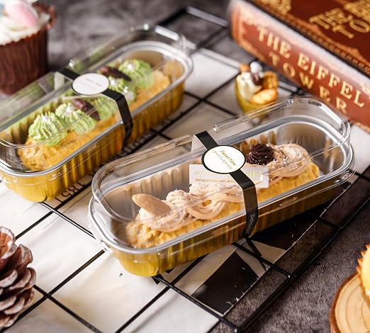NPLUX 50 Pack Mini Cake Pans with Lids and Spoons Gold Rectangular Aluminum Foil Baking Pans Mini Cheesecake Containers, Graduation Gifts Party Favors(6.8oz)