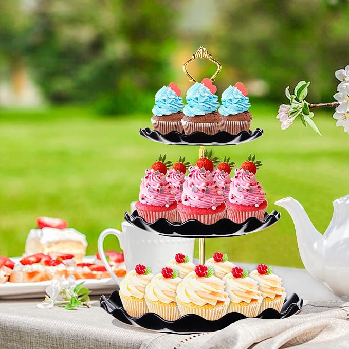 BACUTHY 3 Tier Cupcake Stand Holder, Plastic Cup Cake Tower Stand with Tiered Serving Tray for Dessert Display, Cupcakes, Donuts, Macaron and Fruits,Black
