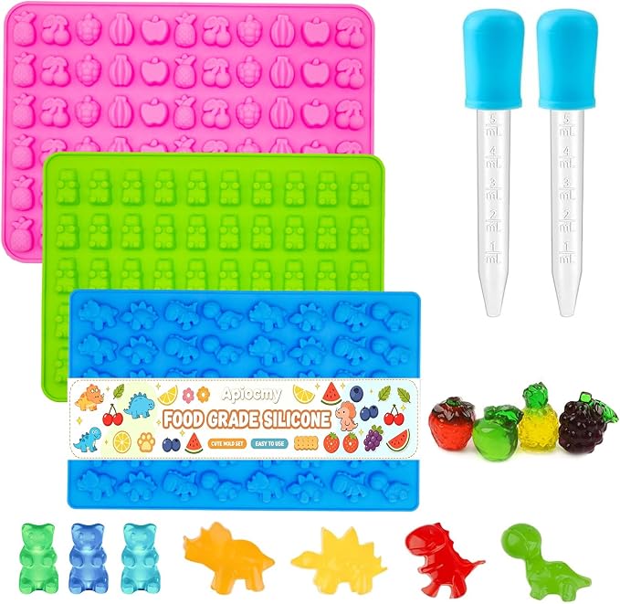 3Pcs Gummy Candy Molds - Silicone Mini Gummy Bear/Dinosaur/Fruit Snack Molds with 2Pcs Dropper,Non-stick and Bpa Free for Candy Chocolate Gummies Baking