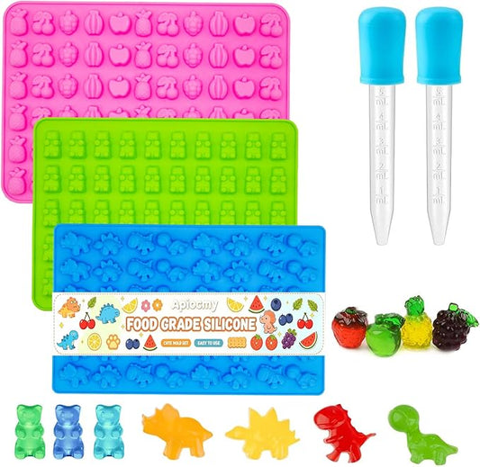 3Pcs Gummy Candy Molds - Silicone Mini Gummy Bear/Dinosaur/Fruit Snack Molds with 2Pcs Dropper,Non-stick and Bpa Free for Candy Chocolate Gummies Baking