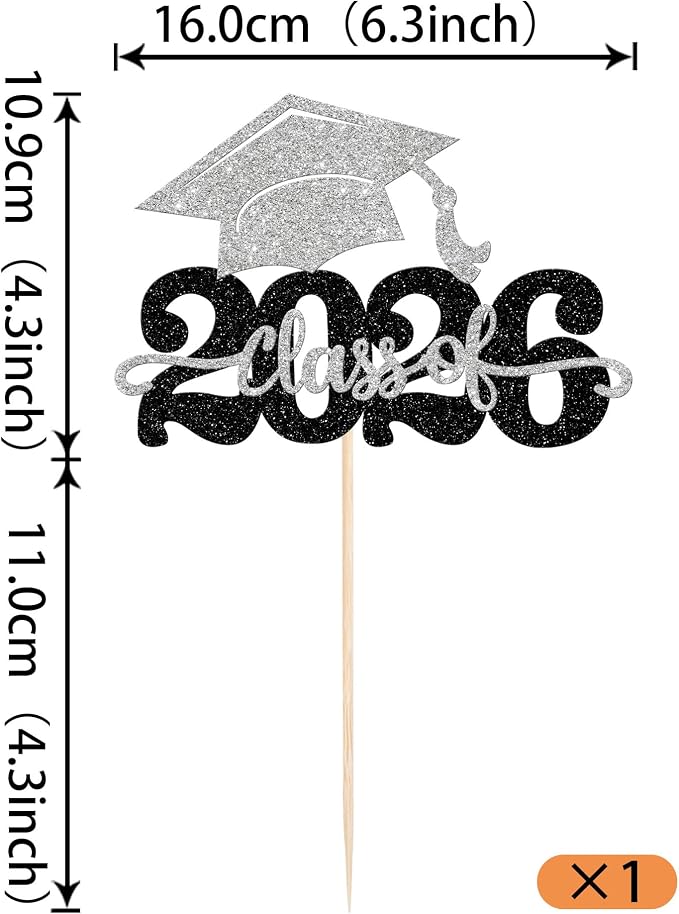 1 Pack Class of 2026 Cake Topper Glitter Congrats Grad Cap 2026 Graduation Cake Pick for 2026 Graduation Theme High School Boys Girls Graduate Party Cake Decorations Supplies Black Silver