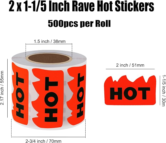 Hybsk 500pcs Rave Hot Stickers 2 x 1-1/5 Inch Fluorescent Red Hot Flame Fire Shape Marking Labels for Festival Spicy Sauce (Fluorescent Red)