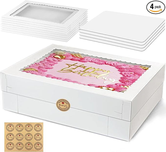MUMULULU 4 PCS 19x14x4 Inch Cake Boxes with Cake Board White Sheet Rectangular Bakery Boxes with Window for Donuts Cookies Dessert Cupcakes Pastry Baking Pie Packaging