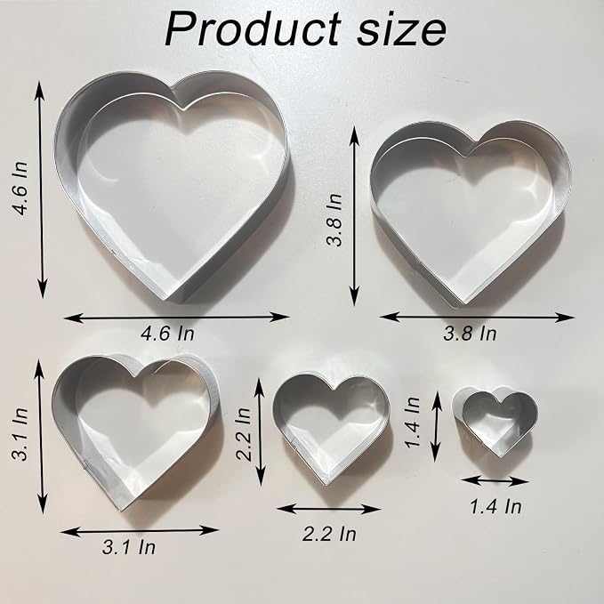5-Piece Heart Cookie Cutter Set | Stainless Steel Baking Tools for Biscuit, Donut, Pastry & Fondant | Valentine's Day Baking Kit with Cookie Mold for Family Cooking & Kids Crafts (Heart Shape)