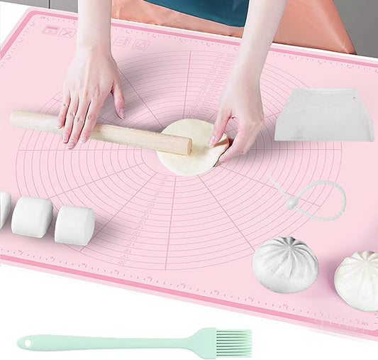 Silicone Baking Mat 32" x 24", Extra Thick Non-stick Pastry Mat with Measurements and Edge Heightening, Food Grade Silicone for Countertop Dough Rolling(With Dough Scraper/Pastry Brush/Cable Tie)