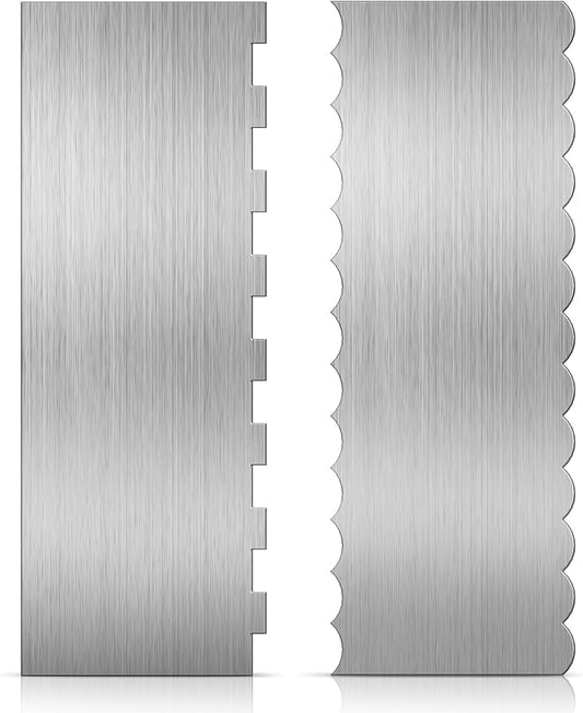 Stainless Steal Cake Scraper, 2 Pcs 8.6 inch Double Sided Patterned Edge Stripe Edge Icing Smoother, Cake Decorating Comb Pastry Cutter for Mousse Butter Cream Decoration
