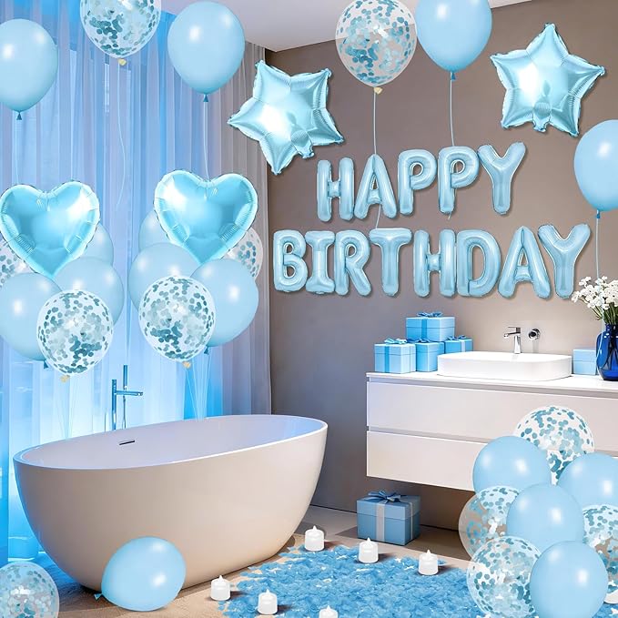 Blue Happy Birthday Balloons Decorations Light Blue Birthday Balloon Letters Banner with Star Heart Balloons 1000 Pcs Artificial Rose Petals 24 Flameless LED Candles for Hotel Birthday Party Supplies