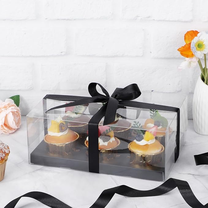 EUSOAR Cupcake Boxes 6 Count, 6 Pack Clear Black Bakery Mini Cake Take out Containers with Gift Ribbon, Rectangle Dessert Pastry Holder Cookies Wrappers Disposable for Birthday Wedding Tea Party