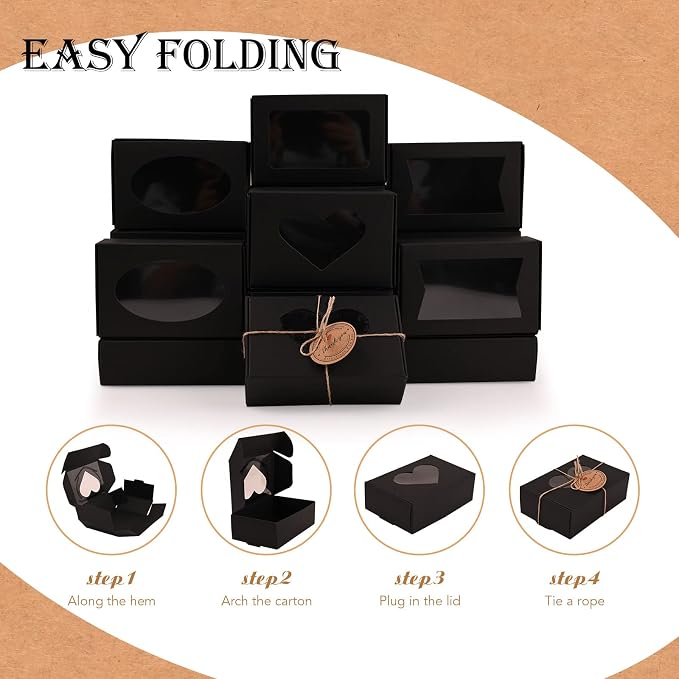 32 PCS Black Soap Boxes for Homemade Soap, 3.54 X 2.36 X 1.18 Inch Soap Packaging Gift boxes with Window, Small Rectangular Soap Wrapping Boxes (Black)