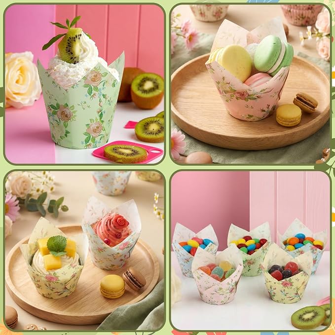 AUGSHY Floral Tulip Cupcake Liners, 200Pcs Flower Paper Muffin Baking Cups | Greaseproof Paper Cupcake Wrappers, Cake Dessert Decorations, Spring Easter Baby Shower Birthday Wedding Tea Party Supplies