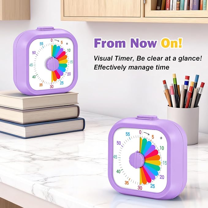 Mwellewm Visual Timer for Kids, 60 Minute Time Digital Pomodoro Timer Countdown with Silent Pause Function for Classroom Kitchen Study Cooking Meetings ADHD Rainbow Pattern(Square Purple)