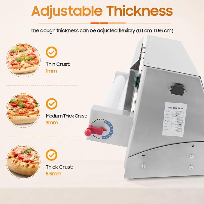 Commercial Pizza Dough Roller Machine, 450W Electric Dough Sheeter Machine Automatic Pastry Press Making Machine, 260 Portions/Hour, Adjustable 1-5.5mm Thickness for Pizza/Pasta/Bakery (3-18 in)