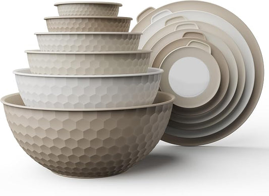 COOK WITH COLOR Mixing Bowls with Lids - 12 Piece Plastic Nesting Bowls Set includes 6 Prep Bowls and 6 Lids, Microwave Safe Mixing Bowl Set, Brown Embossed