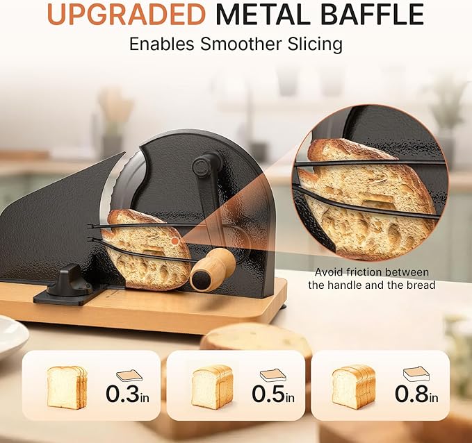 Manual Bread Slicer for Homemade Sourdough, Adjustable Thickness,Hand Crank Bread Cutter with Stainless Steel Blade Slicing Guide, Scale Line Suction Cups & Solid Wood Base