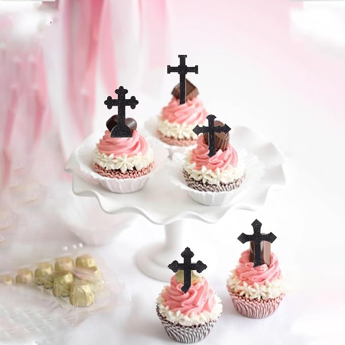 60 PCS Edible God Bless Cross Cupcake Toppers Christian Baptism God Bless Cupcake Picks Edible Cross First Communion Cake Decorations for Religious Theme Baby Shower Birthday Party Supplies Black