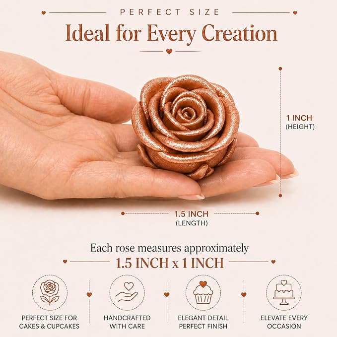 Confect Metallic Edible Copper Roses | Edible Cupcake Toppers | Edible Flower For Cake Decorating | Pack Of 12 Edible Metallic Sugar Flowers for Cake Decorating- Vegan, Soy-Free, Dairy-Free