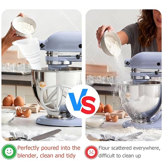 Flour Funnel Attachment for KitchenAid Stand Mixer, Hands-Free No-Spill Pouring Shield for Tilt-Head 4.5 & 5 Qt Bowls (KSM150), Dishwasher Safe Baking Accessory for Dry & Liquid Ingredients (Soft)