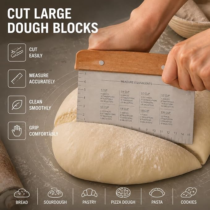 NOVANO Stainless Steel Bench Scraper, Multipurpose Dough Cutter Food Scraper, Bench Scraper with Baking Measure for Dough Dividing, Pastry Baking, Food Chopping & Flat Top Grill Cleaning