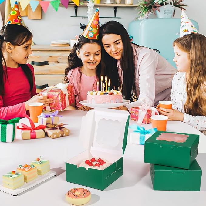 6x6x3 Inches Small Cake Box with Window, Bakery Box, Pastry Boxes, Cookie Boxes, Mini Pie Box for Pastry,Dessert,Strawberries,Chocolates, Cupcakes with paper stickers (Green/36pcs)